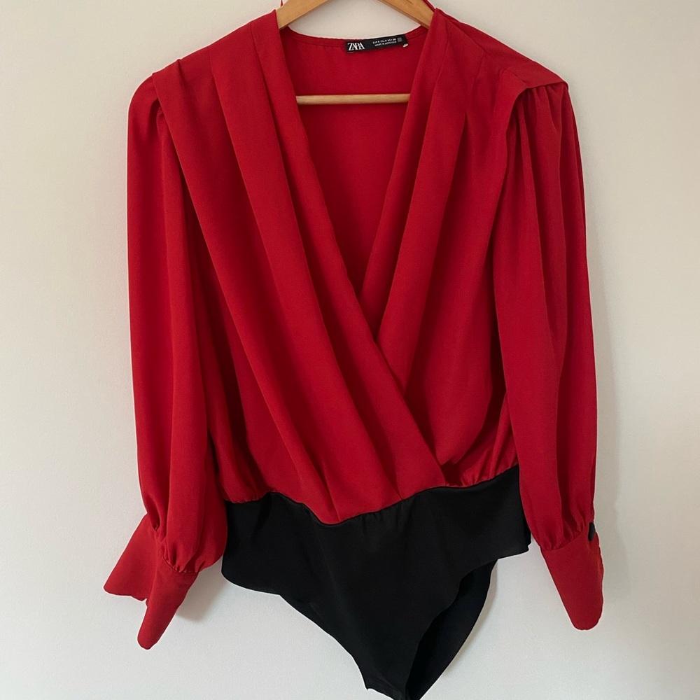 Zara Red Chiffon-Style Bodysuit